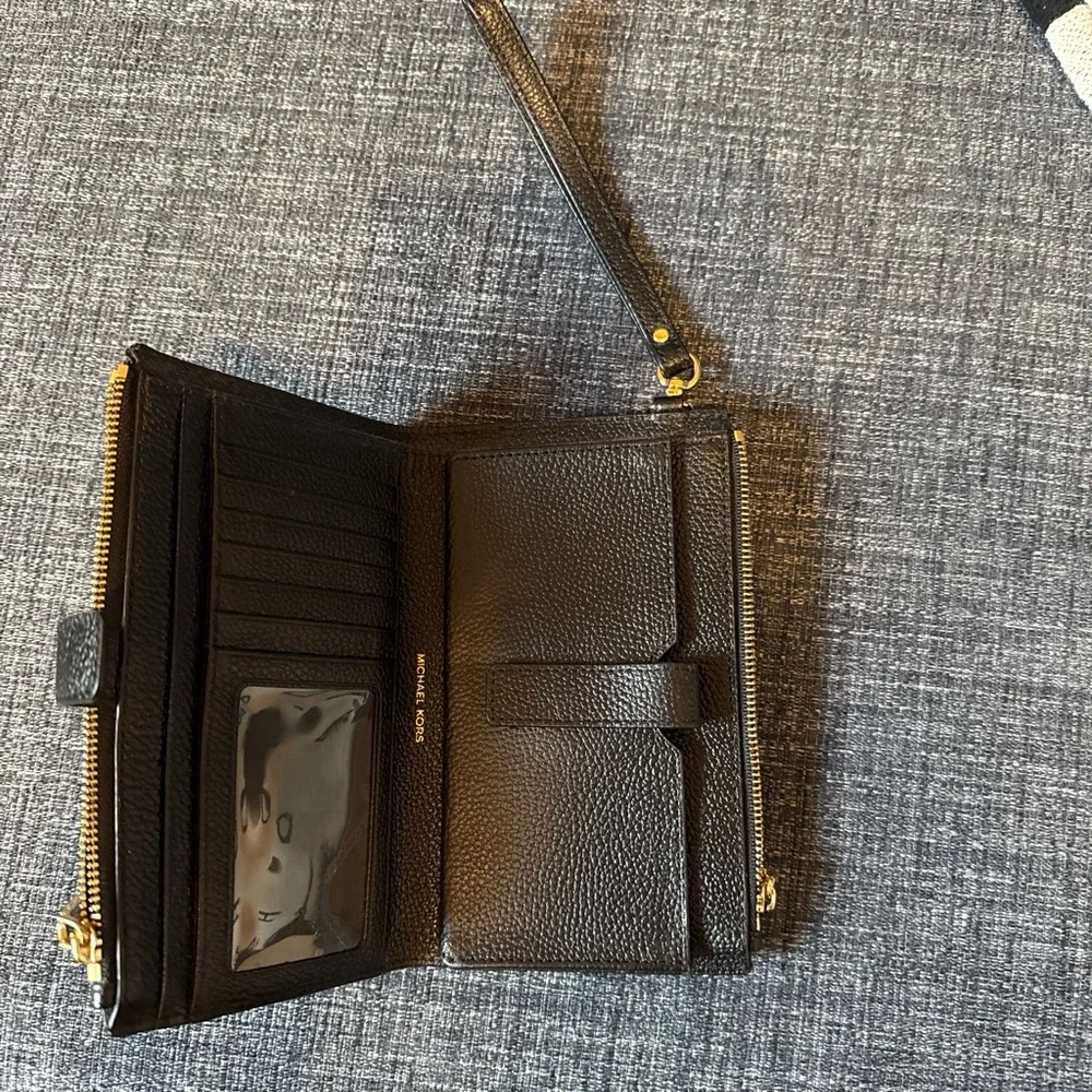 Michael Kors Black Pebbled Leather Zip Wristlet with Gold Logo